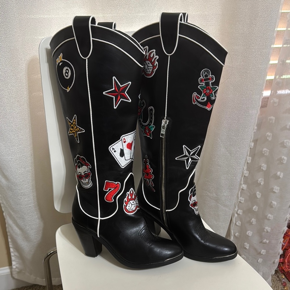 Dolls Kill Black Heeled Boots with Western Flair